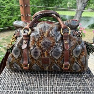 Chic Dooney Bourke Snake Print Satchel with Brown Leather Accents